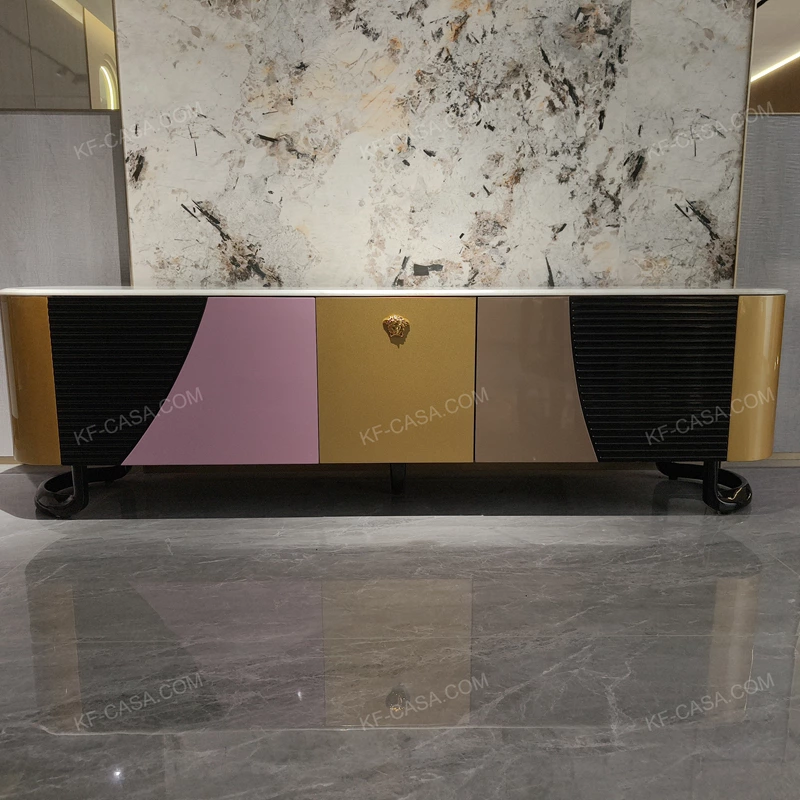 Art Deco Luxury TV Stand with White Marble Top Color Block Panels and Fluted Black Doors